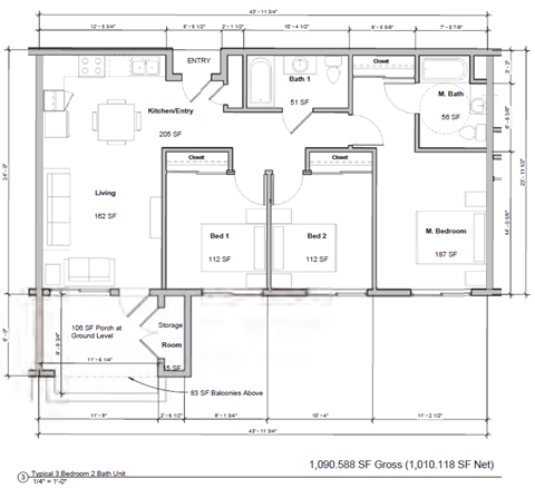 Floor plan for 3 beds, 2 baths, 1010 sqft